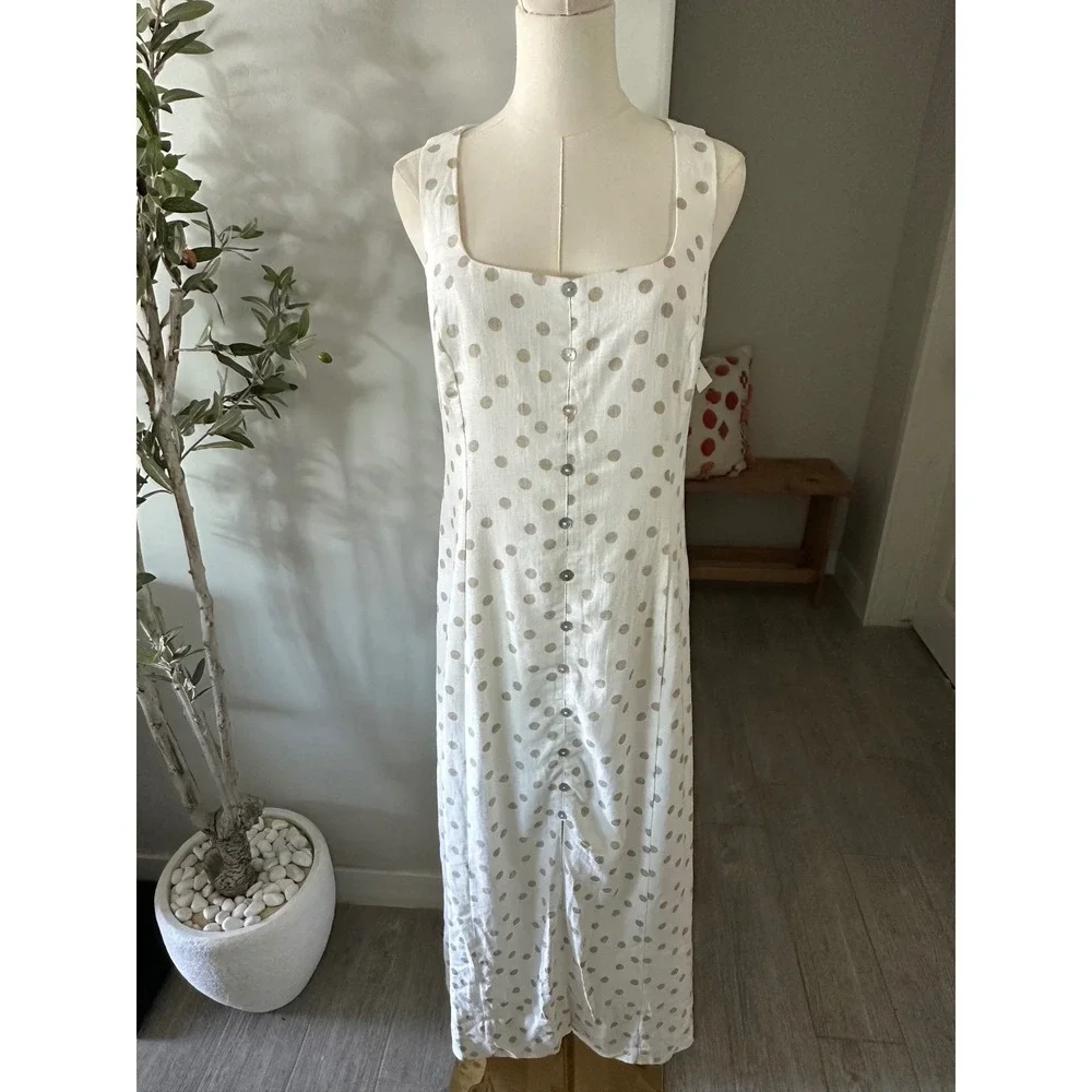 Halogen Polka Dot Linen Sleeveless Maxi Dress New!
